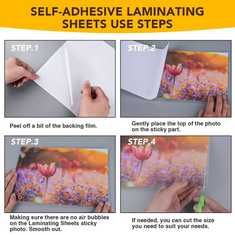 Demonstration of Self Adhesive Laminating Sheets Pack Of 25 9 By 12 Inch Clear Waterproof Laminate Sheets Protect Documents And Photos Without A Laminator Includes Squeegee No Heat Needed Super Easy To Use For Home Office in four steps.