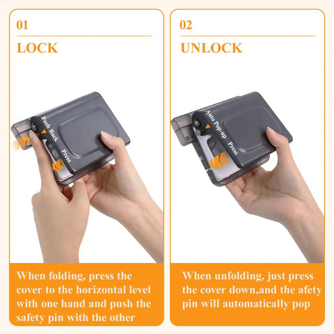 Hands operating 10 Hole Punch Binding Machine For Planners With 10 Color Binder Rings in lock and unlock positions, black.