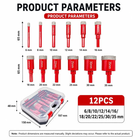Premium 12Pcs Diamond Hole Saw Kit With High Performance Core Drill Bits For Cutting Tile Glass And Stone With Smooth Precision And Long Lasting Sharp Edges; 12 sizes