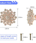 Four Piece Flower Shape Cabinet Knob Set in rose gold with crystal glass pull handles, dimensions shown, includes screws