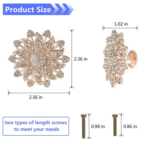Four Piece Flower Shape Cabinet Knob Set in rose gold with crystal glass pull handles, dimensions shown, includes screws
