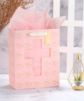 Pink Gift Bag With Cross Window Design And Tissue Paper 10 By 5 By 13 Inches Ideal Baptism Gift Bag For Girls