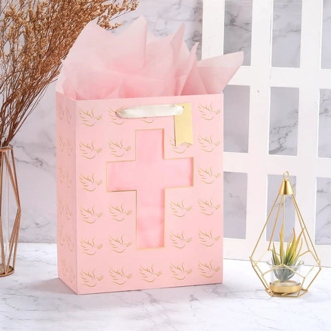 Pink Gift Bag With Cross Window Design And Tissue Paper 10 By 5 By 13 Inches Ideal Baptism Gift Bag For Girls