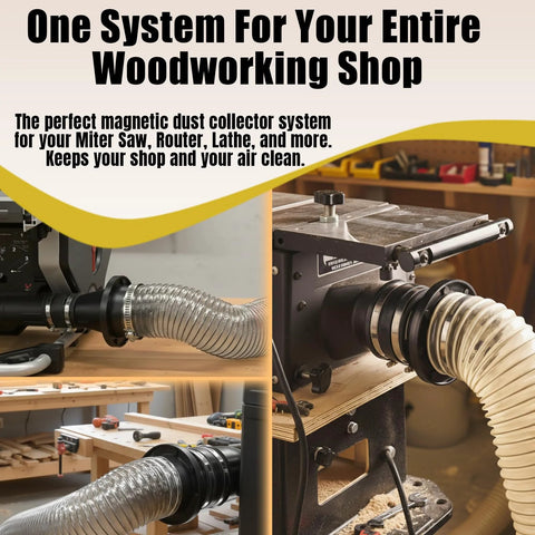 20-Piece magnetic dust collection fittings kit connected to 4-inch and 2.5-inch hoses with reducer.