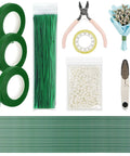 Dope DIY Floral Craft Kit with green tape, wires, ABS pearls, metal pliers, 2mm flower stems, bouquet, and scissors