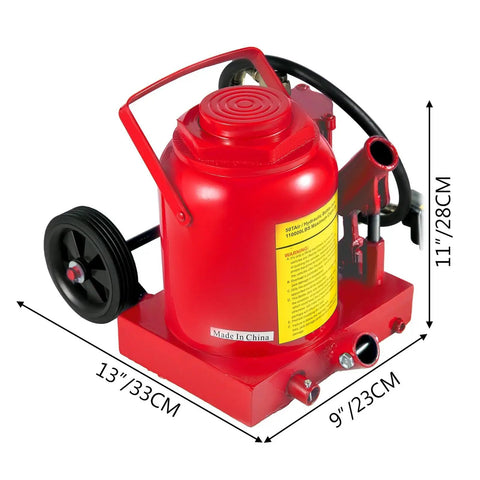 Beefy 50 Ton Air Hydraulic Bottle Jack For Weekend Warriors And Pro Shops Lifts Heavy Frames Up To 110 Thousand Pounds Without Breaking A Sweat Efficient 43 Cm Lift Stroke, red hydraulic jack with wheels and gauge.