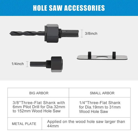 21 Piece Hole Saw Kit With Storage Case From Three Quarters Inch To Five Inch Drill Bits For Wood Plastic PVC Drywall Includes 2 Mandrels 4 Center Bits 1 Hex Key And Installation Plate shown with accessories, big and small arbors