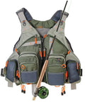 Lightweight Mesh Fishing Vest For Men And Women With 17 Pockets, Breathable Back Panel, Army Green with rod holder and zippered pockets.