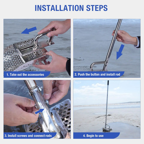 Installation steps for Stainless Steel Sand Scoop For Metal Detecting Adjustable Handheld Treasure Hunter Shovel with pole.