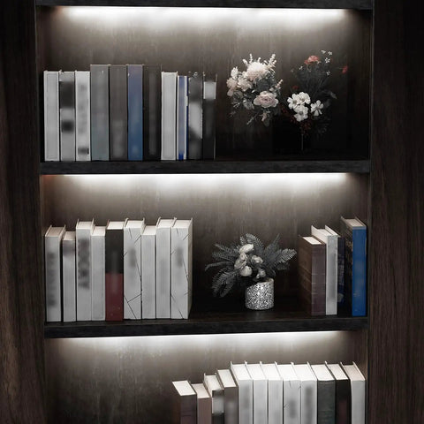 Under Cabinet LED Lighting Kit For Kitchens And Shelves With 6 x 12 Inch Rigid Light Strips, illuminating books on shelves