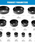 Various sizes of drill bits from 21 Piece Hole Saw Kit With Storage Case From Three Quarters Inch To Five Inch Drill Bits For Wood Plastic PVC Drywall Includes 2 Mandrels 4 Center Bits 1 Hex Key And Installation Plate displayed with size measurements
