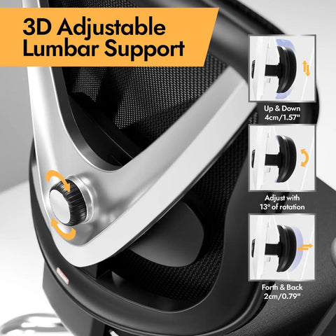 Close-up of Ergonomic Mesh Office Chair With 3D Lumbar Support And 3D Armrests showing 3D adjustable lumbar dial, V-shaped back.