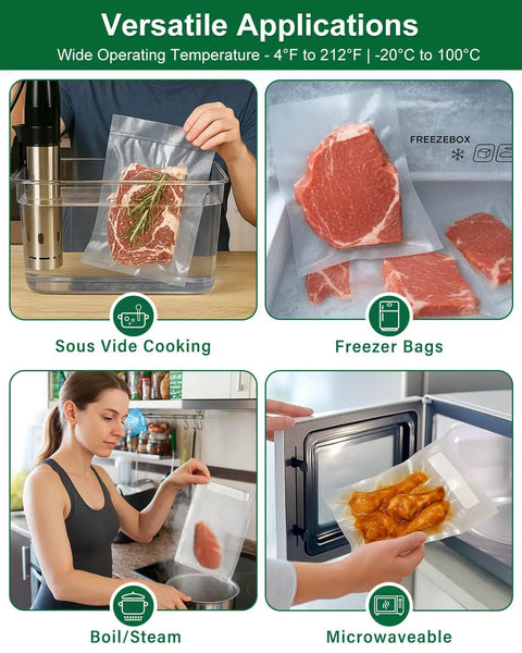 Heavy Duty Food Saver Vacuum Bags 11 Inch Wide Roll 16 Feet Long Custom Size 3 Pack For Freezer Storage Kitchen Must Have Sous Vide And Microwave Safe BPA Free Pb Free Phthalate Free Food Safe Materials demonstrating versatile applications including sous vide and microwaving.