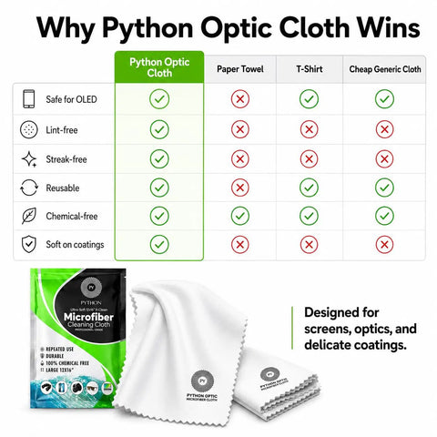 Why Python Optic Cloth Wins comparison showing Premium OLED Cleaning Cloth For High End Screens 12 X 16 Inches Ultra Soft 0.5 Denier Microfiber With Split Fiber Technology That Lifts Fingerprints Dust And Oils Without Scratching Safe For Anti Glare Coatings.