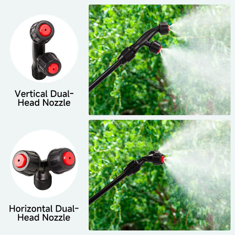 Vertical and horizontal dual-head nozzles of Beefy Acid Resistant Sprayer Wand Kit with four nozzle types for smooth spraying.