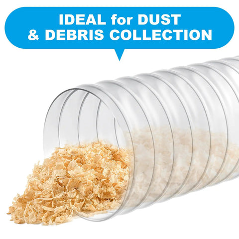 Heavy Duty 4 Inch By 50 Foot PVC Dust Collection Hose, Flexible Clear Debris And Fume Hose with wood shavings inside hose