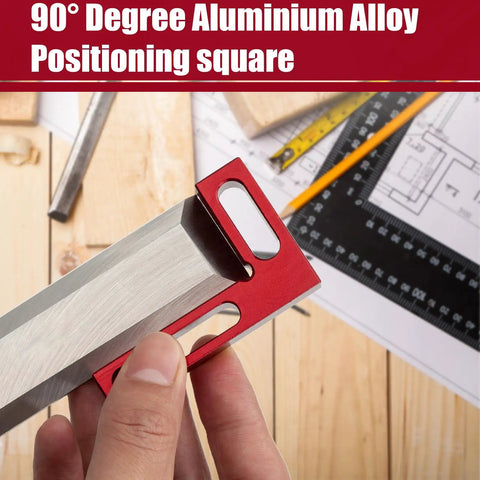 90 Degree Mini Positioning Square for Woodworking, Aluminum Alloy Carpenter Corner Tool With Anodized Finish, Lightweight, Durable Precision Edge Checker for Squareness and Tool Alignment, Ideal for DIY and Pro Projects. Red aluminum alloy 90° positioning square held on wood