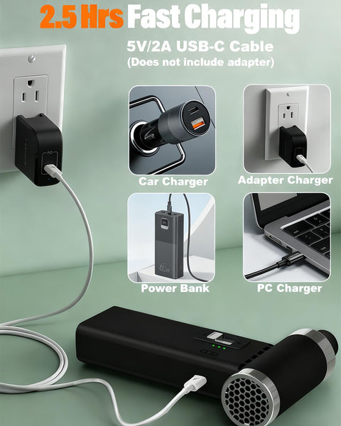 Powerful Cordless Air Duster With 110000 RPM Brushless Motor charging via USB-C from various power sources.