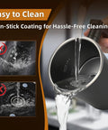 4 In 1 Electric Milk Frother And Steamer For Hot And Cold Foam 11 Oz Capacity Makes Latte Cappuccino And Hot Chocolate At Home With One Button Operation Black showing easy cleaning with non-stick coating