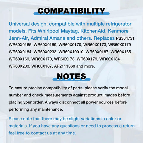 Image showing compatibility and notes for Universal Refrigerator Condenser Fan Motor 115V 1550RPM 2W Replacement.