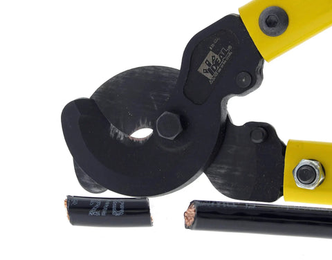 Close-up of Beast Mode Heavy Duty 22 Inch Long Arm Cable Cutter cutting wire, showcasing precision jaws and replaceable blades