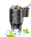 Smart 2 In 1 Car Cup Cooler And Warmer Perfect Tumbler Holder with can, water splashes, and ice cubes, touch control detail.