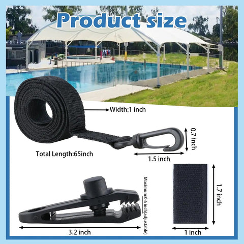 Heavy Duty Pool Solar Cover Reel Clips And Straps Kit Featuring Micro Serrated Teeth For Dead Simple Setup And Rock Solid Grip On Large Underground Swimming Pools 24 Piece Set dimensions with sizes displayed next to a pool.