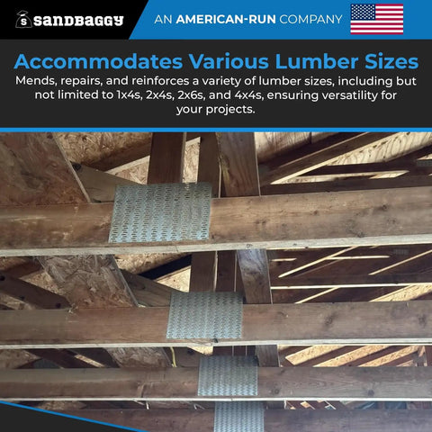 Heavy Duty Eight By Eight Inch Steel Mending Plates For Solid Wood Repair installed on wooden beams for supporting various lumber sizes.