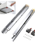 Beefy Heavy Duty 18 Inch Undermount Drawer Slides With Soft Close Full Extension Bottom Mount Cabinet Rails Zinc Plated 85 Lb Capacity Includes Mounting Hardware For Multi Drawer Replacement installed under a white cabinet drawer