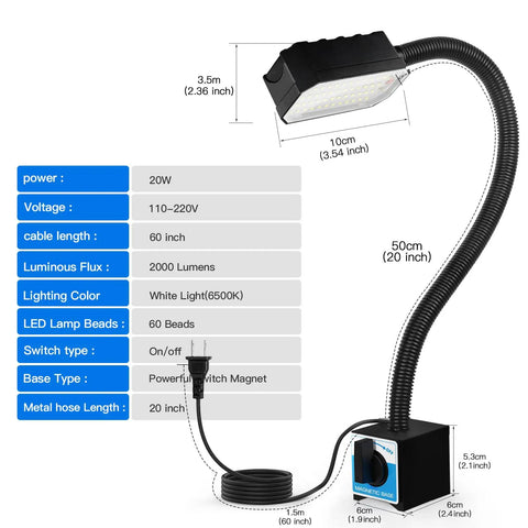 Insane Bright 20W Magnetic Work Light Packing 2000 Lumens, 20 Inch Flexible Gooseneck with magnet base for versatile positioning.