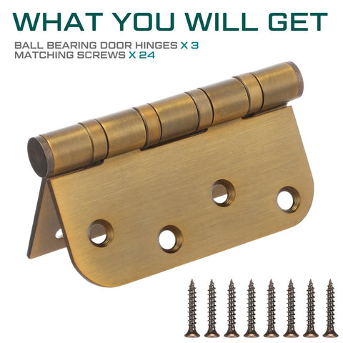 Heavy Duty 4X4 Ball Bearing Exterior Door Hinges 3 Pack Smooth Swinging Premium Hardware Kit with matching screws