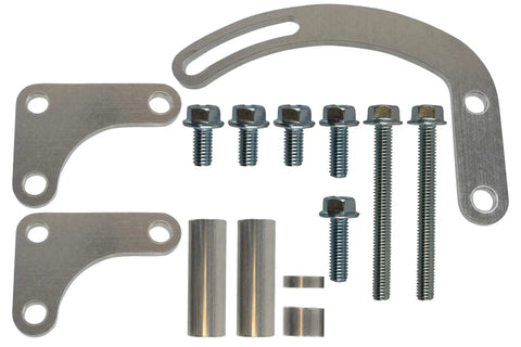 SBC Power Steering Pump Bracket In Billet Aluminum, Low Driver Side Mount With Slotted Arm, bolts, and spacers kit