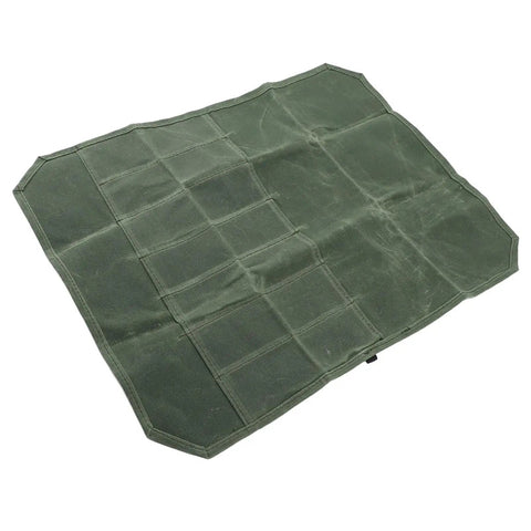 Outdoor Knife Roll Bag Made From Waxed Canvas With Tough As Nails Padded Slots A Portable Knife Pouch For Chef Knives Perfect For Camping Picnics Barbecues And Kitchen Prep On The Go OD Green laid flat showing slots