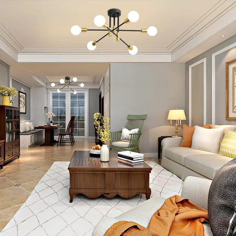 Living room with Sputnik Chandelier Pendant Light With 180 Degree Adjustable Arms Four Lights Mid Century Modern Nordic Ceiling Fixture In Black