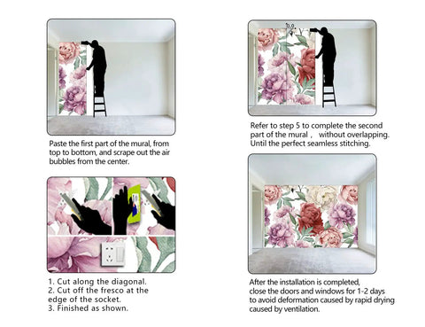 Installation of Pink Peony Floral Wall Mural For Bedroom And Living Room Decor Large 183 x 120 Fabric Background in 7 Panels