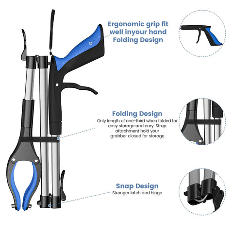 Two Pack 36 Inch Grabber Reacher Tool For Seniors Foldable with ergonomic grip and anti-slip rotating jaw design shown