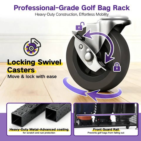 All-In-One Golf Bag Storage Organizer On Wheels, 3-Tier Stand For Home Garage Club Shed Or Basement, close-up of swivel caster