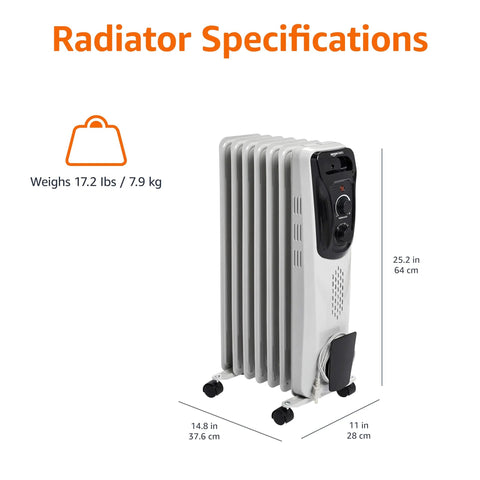 Amazon Basics portable oil-filled radiator heater, white, 7-fin design, 1500W, on caster wheels