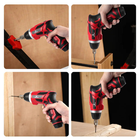 Handy Rechargeable Cordless Electric Screwdriver Set With Six Plus One Torque Gears in use on wood projects.
