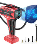 Cordless Tire Inflator With Digital Pressure Gauge And 160 PSI Portable Air Pump For Cars Motorcycles Bikes And Balls Tool Only Battery Not Included Compatible With Milwaukee 18V Batteries, red metal body with hose, display, and nozzle attachments