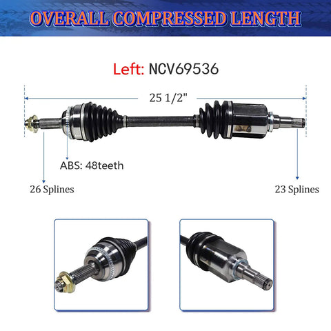 CV Axle Drive Shaft Front Left and Right for Toyota Matrix and Pontiac Vibe 2003 2004 2005 2006 2007 2008 1.8L FWD Automatic Replacement Kit, Front Driver and Passenger Side, left axle 25 1/2 inch with 26 and 23 splines