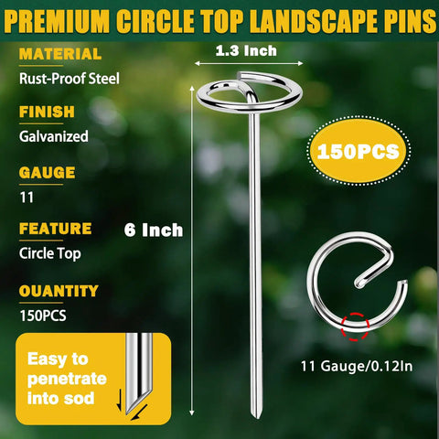 Set Of 150 Heavy Duty Circle Top Landscape Fabric Stakes And Pins 6 Inch Galvanized Weed Barrier Stakes With Removal Tool