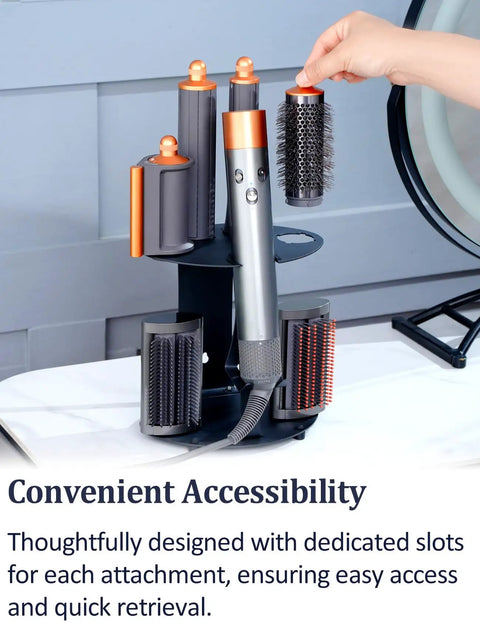Dyson Airwrap Curling Iron Holder And Attachment Organizer Space Saving Desktop Or Wall Mount Rack with six attachments