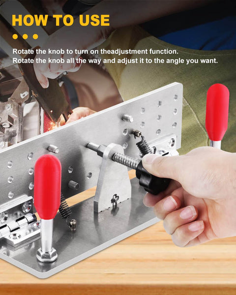 Adjusting Beveling Jig For Belt Sander Knife Sharpener With A Dope 9.8 Inch Long Bevel Locator Tool, showing red knobs and aluminum plate.