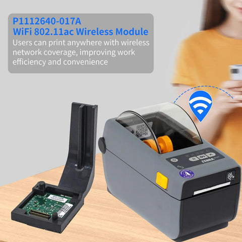 Top Shelf Wifi 802.11ac Wireless Network Module For Zebra Zd411 Zd611 Thermal Desktop Printers on a desk next to printer.