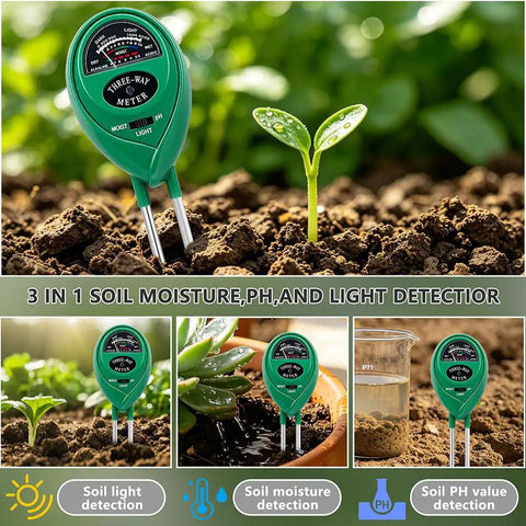 3 In 1 Soil Tester Meter For Moisture pH And Light No Batteries Required Battery Free Easy Readouts For Plants And Home Gardeners Quick Accurate Readings For Smart Gardening, green plastic meter in soil