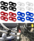 Top Tier 12 Piece Billet Aluminum Fuel Line Clamp Set With AN4 AN6 AN8 AN10 AN12 Hose Separators And Wire Kits For Serious Street Rides And Drag Racing Builds That Need Reliable Grip And Smooth Style, billet aluminum hose clamps in assorted colors on braided fuel lines