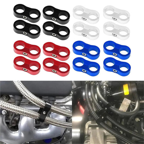 Top Tier 12 Piece Billet Aluminum Fuel Line Clamp Set With AN4 AN6 AN8 AN10 AN12 Hose Separators And Wire Kits For Serious Street Rides And Drag Racing Builds That Need Reliable Grip And Smooth Style, billet aluminum hose clamps in assorted colors on braided fuel lines