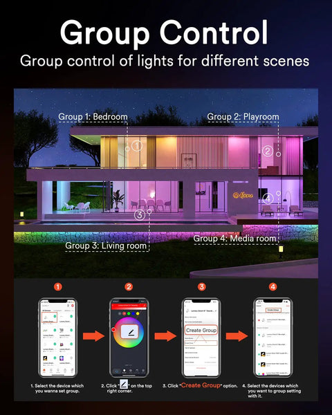Smart LED Can Lights 5 To 6 Inch, WiFi Recessed RGB Color Changing Downlights, 13W 1100LM, group control settings in app interface