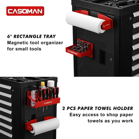 Red Magnetic Toolbox Shelf Set For Any Metal Surface, 4 Piece Organizer with trays, towel holder, spray can and screwdriver holders